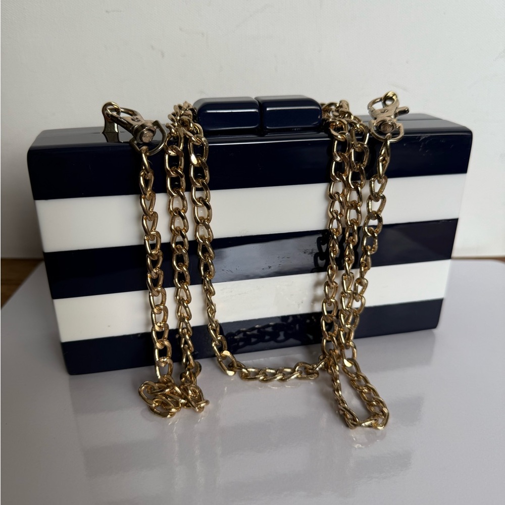 Navy and White Striped Clutch with Gold Detatchable Crossbody Chain